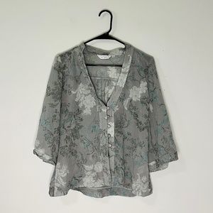 Topshop Floral Print Gray Button Down V-Neck Blouse Size 14